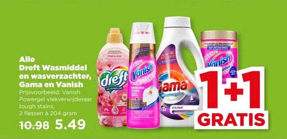 Alle Dref Wasmiddel en wasverzachter, Gama en Vanish 1+1 GRATIS