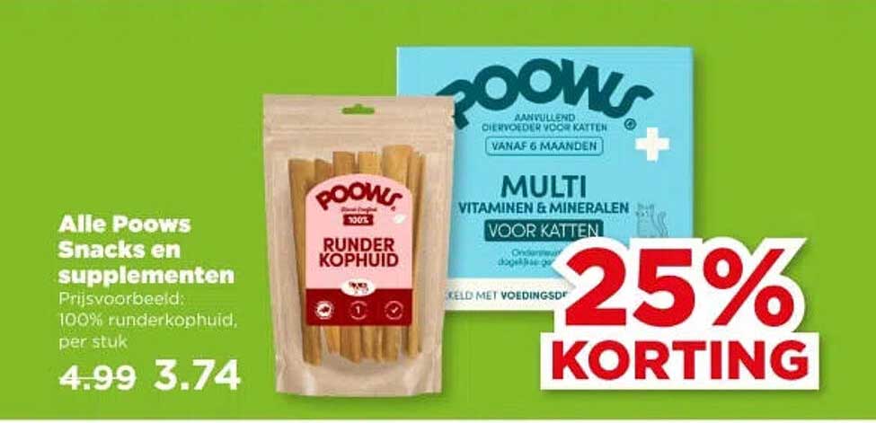Alle Poows Snacks en supplementen 25% korting