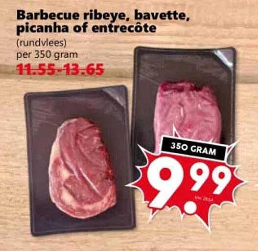 Barbecue ribeye, bavette, picanha of entrecôte (rundvlees) per 350 gram