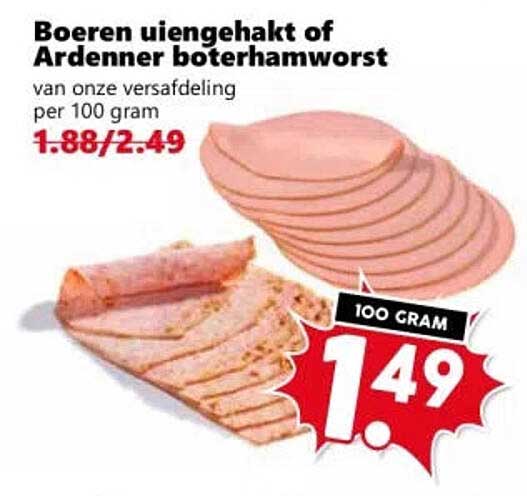 Boeren uiengehakt of Ardenner boterhamworst van onze versafdeling per 100 gram