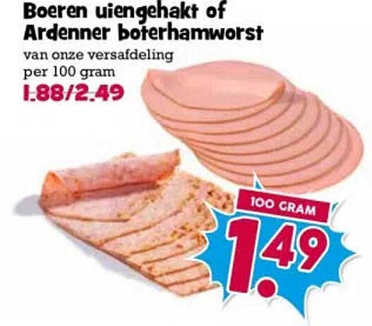 Boeren uiengehakt of Ardenner boterhamworst van onze versafdeling per 100 gram