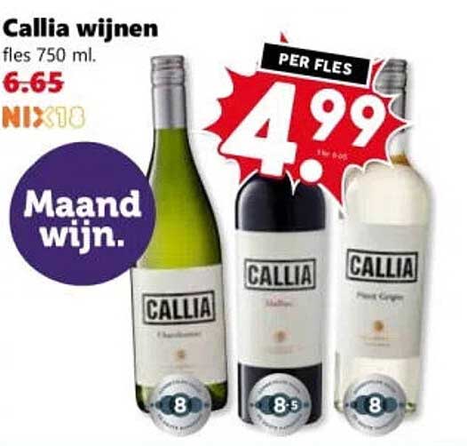 Callia wijnen fles 750 ml. Maand wijn.