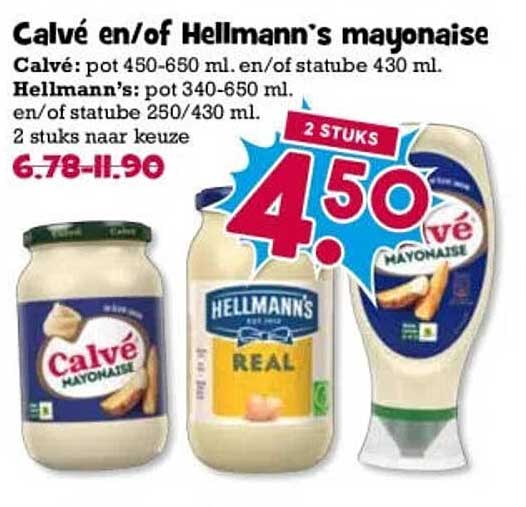Calvé en/of Hellmann's mayonaise 2 stuks naar keuze