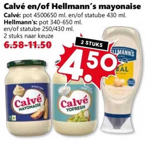 Calvé en/of Hellmann’s mayonaise 2 stuks naar keuze