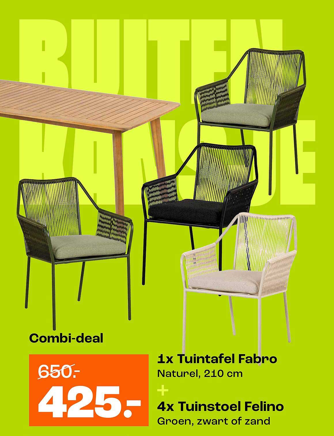 Combi-deal 1x Tuintafel Fabro Naturel, 210 cm + 4x Tuinstoel Felino Groen, zwart of zand