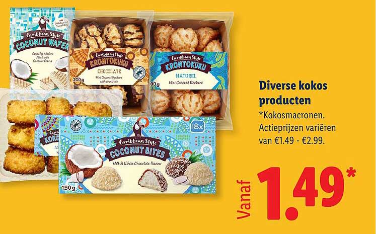 Diverse kokos producten *Kokosmacronen. Actieprijzen variëren van €1.49 - €2.99.