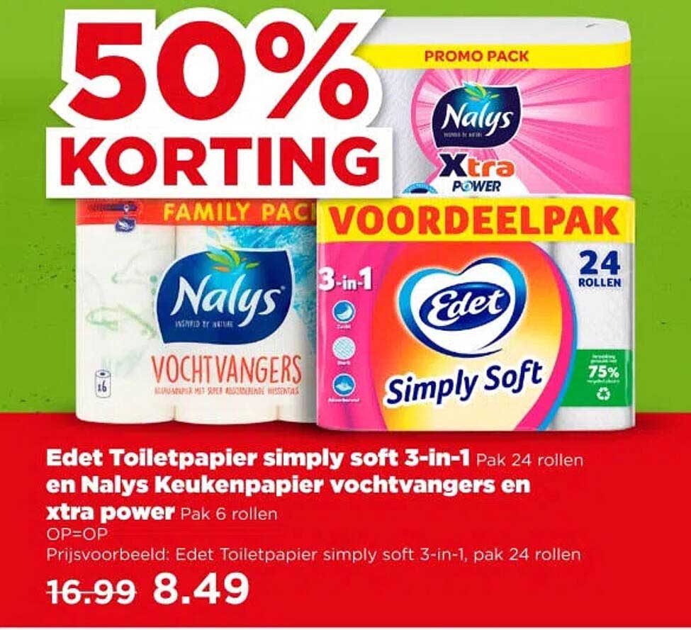 EdeT Toiletpapier simply soft 3-in-1 Pak 24 rollen en Nalys Keukenpapier vochtvangers en xtra power Pak 6 rollen 50% KORTING