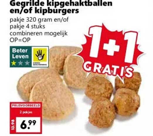 Gegrilde kipgehaktballen en/of kipburgers 1+1 GRATIS