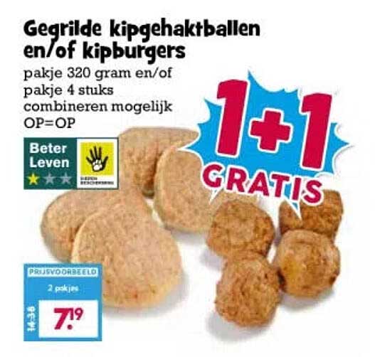 Gegrilde kipgehaktballen en/of kipburgers 1+1 GRATIS