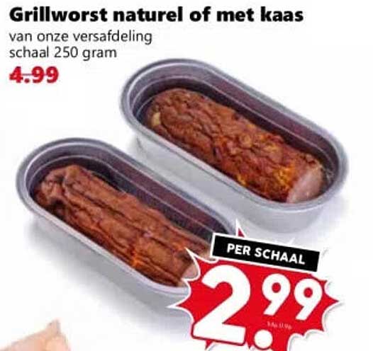 Grillworst naturel of met kaas van onze versafdeling schaal 250 gram