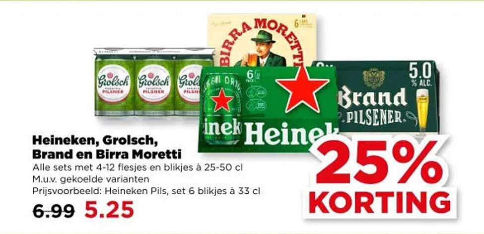 Heineken, Grolsch, Brand en Birra Moretti 25% KORTING