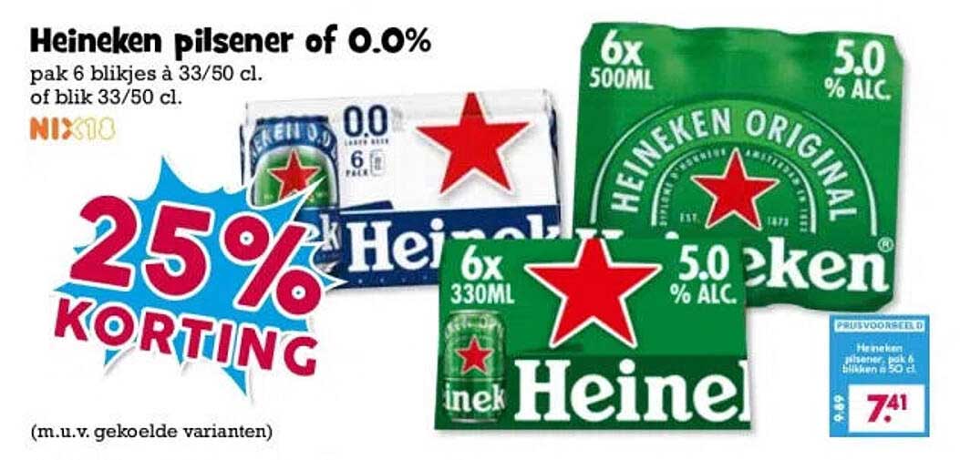 Heineken pilsener of 0.0% pak 6 blikjes à 33/50 cl. of blik 33/50 cl. 25% KORTING