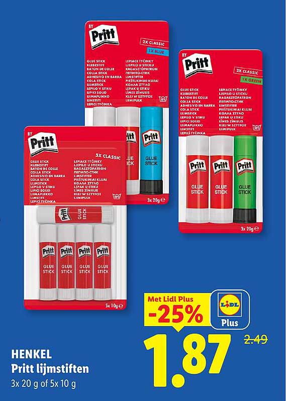 Henkel Pritt lijmstiften 3x 20 g of 5x 10 g Met Lidl Plus -25%