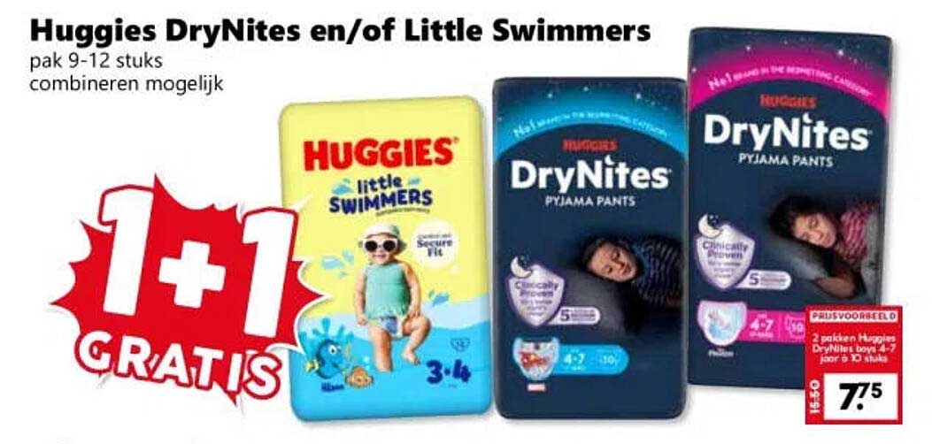 Huggies DryNites en/of Little Swimmers pak 9-12 stuks combineren mogelijk 1+1 GRATIS