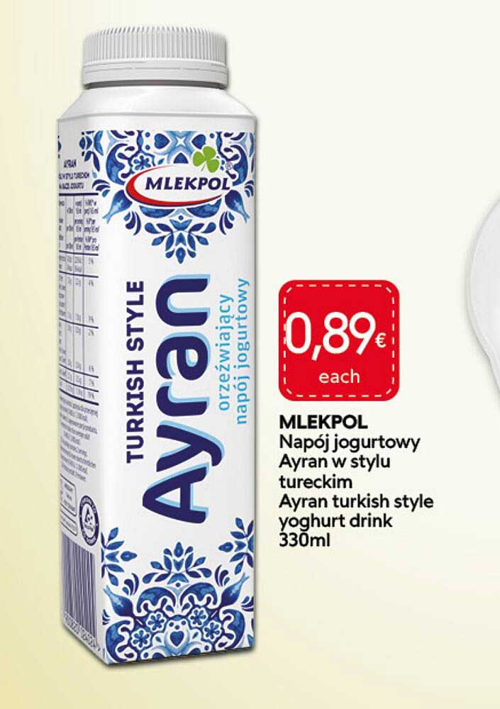 MLEKPOL Napój jogurtowy Ayran w stylu tureckim Ayran turkish style yoghurt drink 330ml