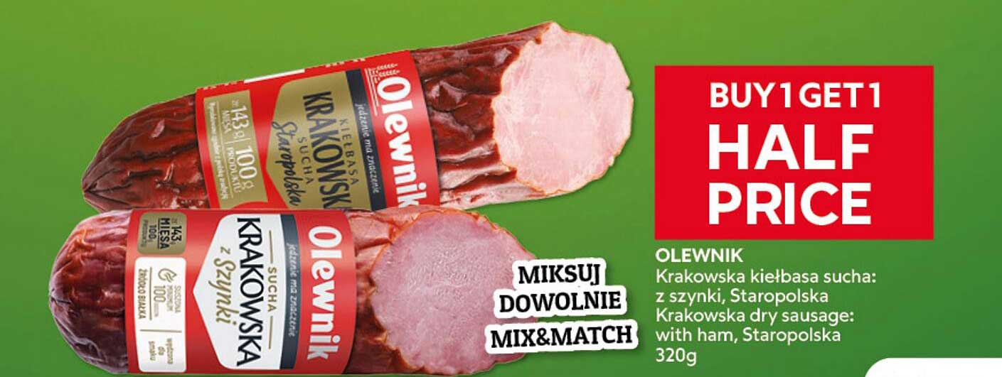 OLEWNIK Krakowska kiełbasa sucha: z szynki, Staropolska Krakowska dry sausage: with ham, Staropolska 320g BUY 1 GET 1 HALF PRICE