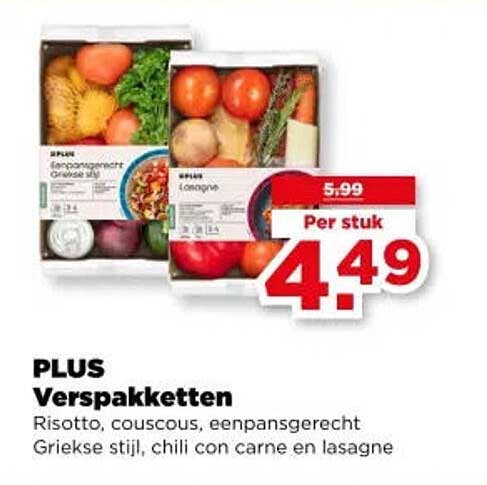 PLUS Verspakketten Risotto, couscous, eenpansgerecht Griekse stijl, chili con carne en lasagne