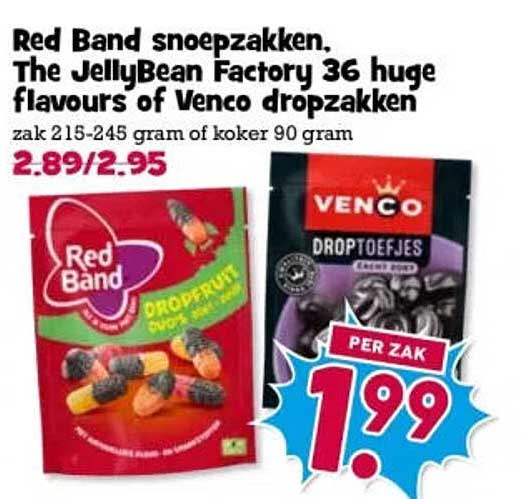 Red Band snoepzakken, The JellyBean Factory 36 huge flavours of Venco dropzakken