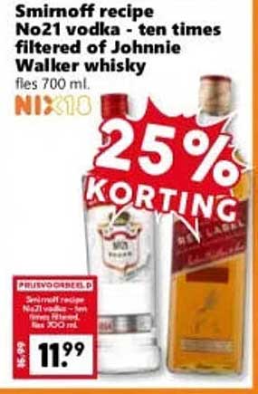 Smirnoff recipe No21 vodka - ten times filtered of Johnnie Walker whisky fles 700 ml 25% KORTING