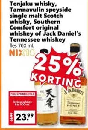 Tenjaku whisky, Tamnavulin speyside single malt Scotch whisky, Southern Comfort original whiskey of Jack Daniel's Tennessee whiskey fles 700 ml 25% KORTING