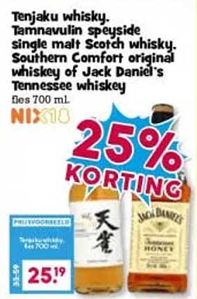 Tenjaku whisky, Tamnavulin speyside single malt Scotch whisky, Southern Comfort original whisky of Jack Daniel's Tennessee whiskey, fles 700 ml 25% KORTING