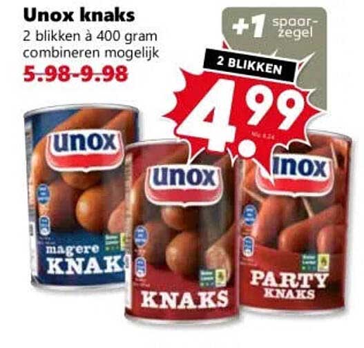 Unox knaks 2 blikken á 400 gram combineren mogelijk +1 spaarzegel 2 blikken