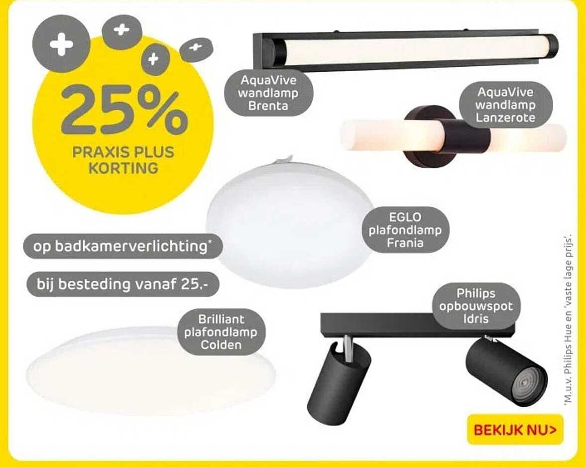 25% PRAKIS PLUS KORTING op badkamerverlichting bij besteding vanaf 25,-
