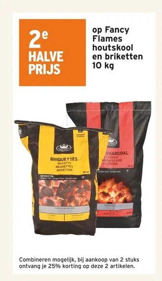 2e HALVE PRIJS op Fancy Flames houtskool en briketten 10 kg