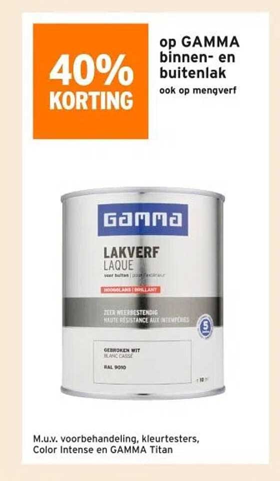40% KORTING op GAMMA binnen- en buitenlak ook op mengverf