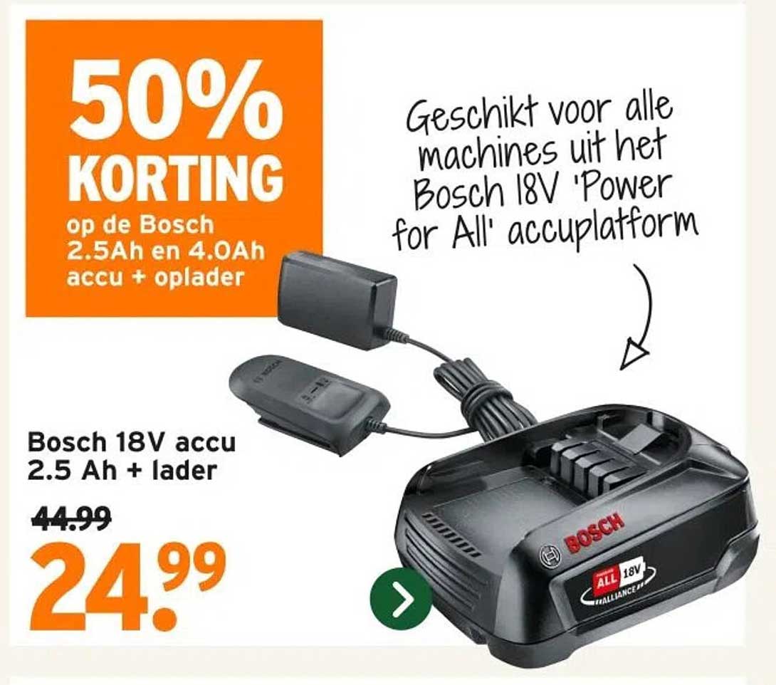 50% KORTING op de Bosch 2.5Ah en 4.0Ah accu + oplader