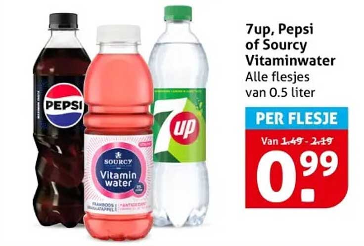 7up, Pepsi of Sourcy Vitaminwater - Alle flesjes van 0.5 liter