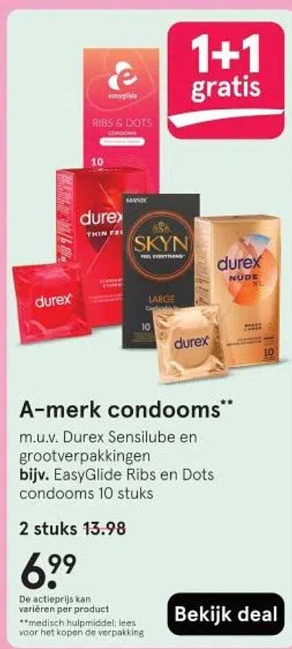 A-merk condooms** m.u.v. Durex Sensilube en grootverpakkingen bijv. EasyGlide Ribs en Dots condooms 10 stuks