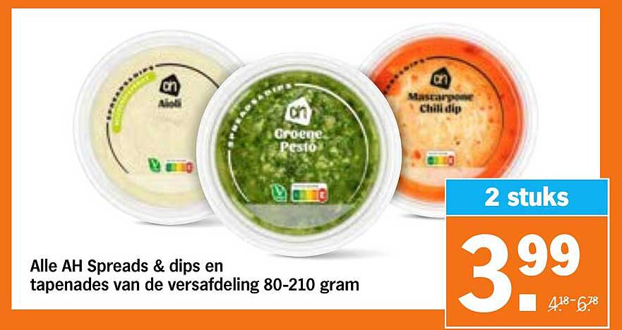 Alle AH Spreads & dips en tapenades van de versafdeling 80-210 gram