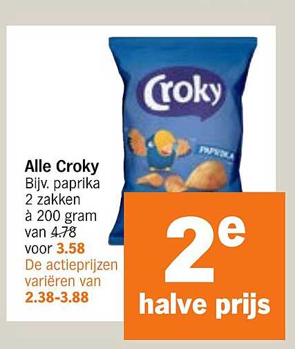 Alle Croky Bijv. paprika 2 zakken à 200 gram van 4.78 voor 3.58