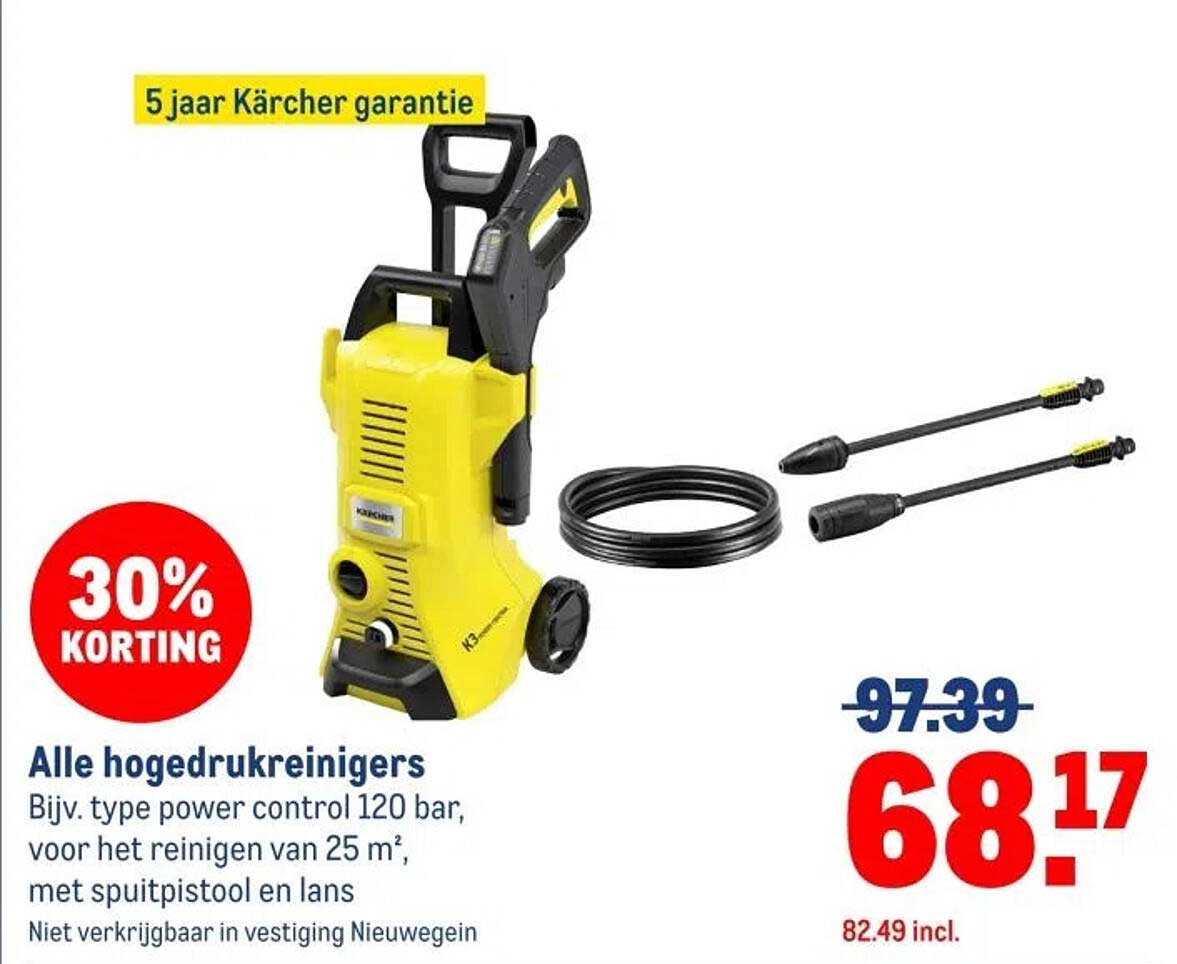 Alle hogedrukreinigers Bijv. type power control 120 bar, voor het reinigen van 25 m², met spuitpistool en lans