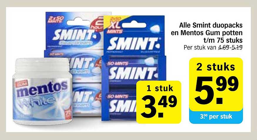 Alle Smint duopacks en Mentos Gum potten t/m 75 stuks