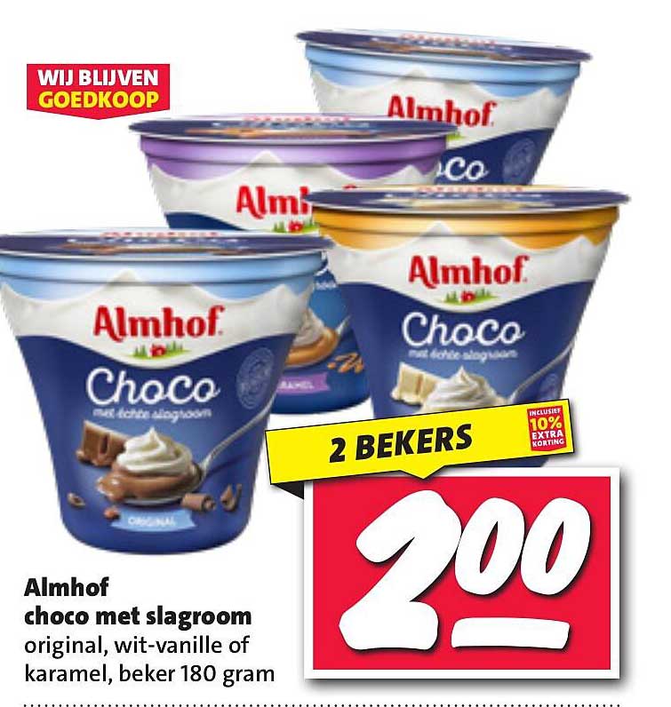 Almhof choco met slagroom original, wit-vanille of karamel, beker 180 gram