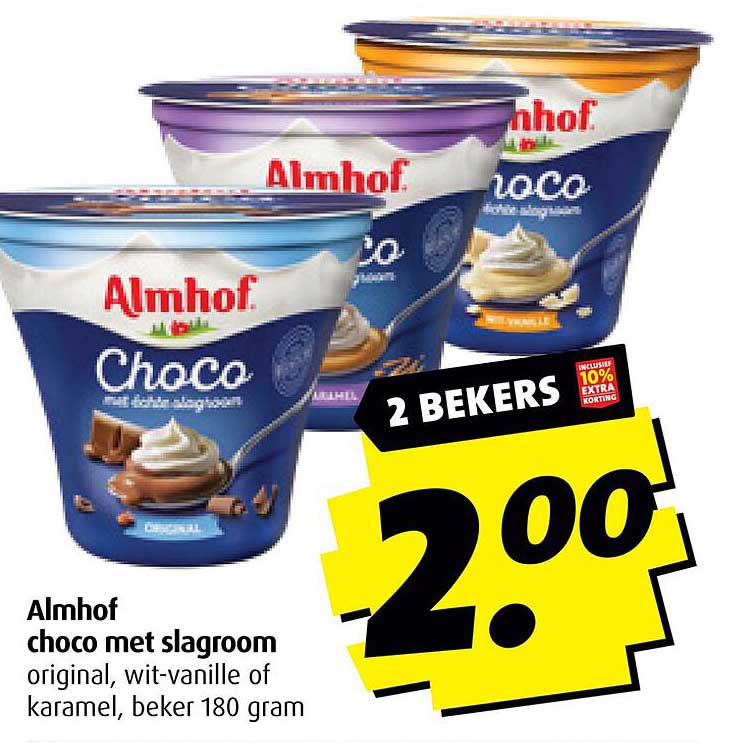 Almhof choco met slagroom original, wit-vanille of karamel, beker 180 gram