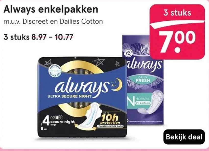 Always enkelpakken m.u.v. Discreet en Dailies Cotton