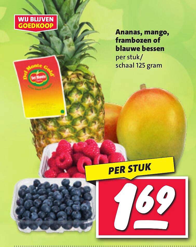 Ananas, mango, frambozen of blauwe bessen per stuk/schaal 125 gram