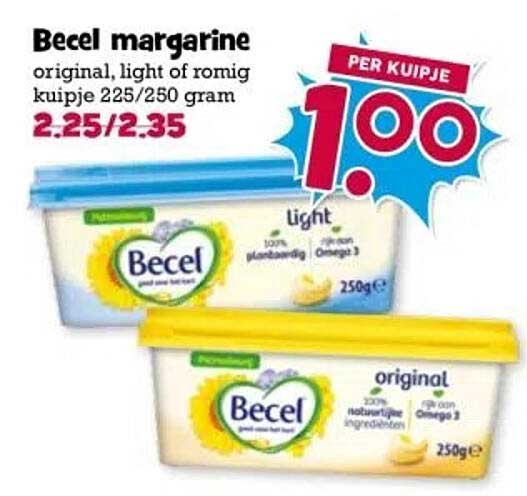 Becel margarine original, light of romig kuipje 225/250 gram