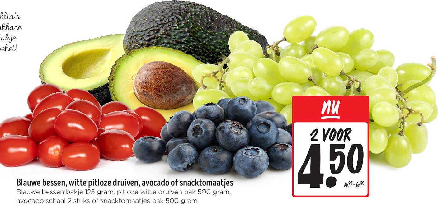Blauwe bessen, witte pitloze druiven, avocado of snacktomaatjes