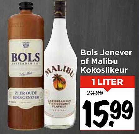 Bols Jenever of Malibu Kokoslikeur 1 Liter