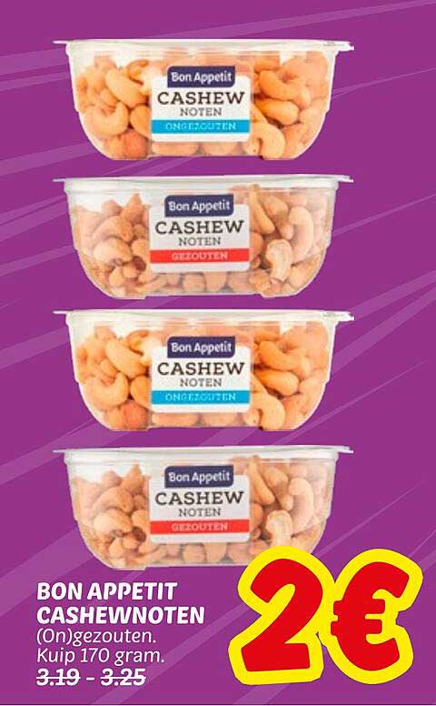 BON APPETIT CASHEWNOTEN (On)gezouten. Kuip 170 gram.