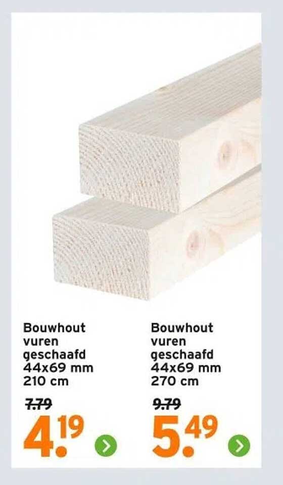 Bouwhout vuren geschaafd 44x69 mm 210 cm en 270 cm