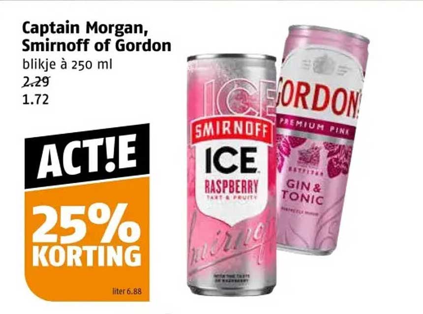 Captain Morgan, Smirnoff of Gordon blikje à 250 ml