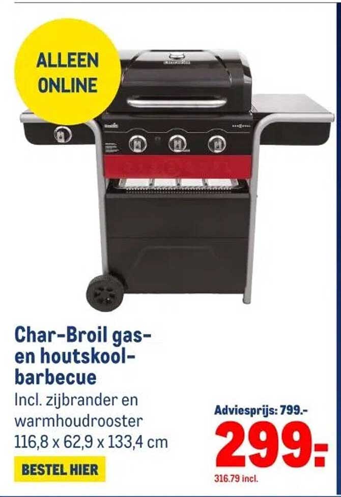 Char-Broil gas- en houtskool-barbecue Incl. zijbrander en warmhoudrooster 116,8 x 62,9 x 133,4 cm