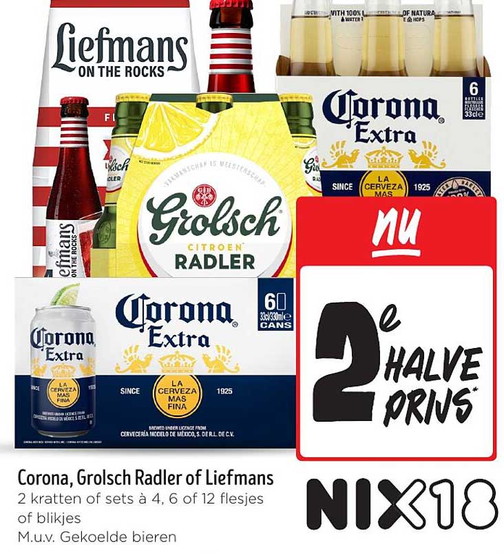 Corona, Grolsch Radler of Liefmans 2 kratten of sets à 4, 6 of 12 flesjes of blikjes