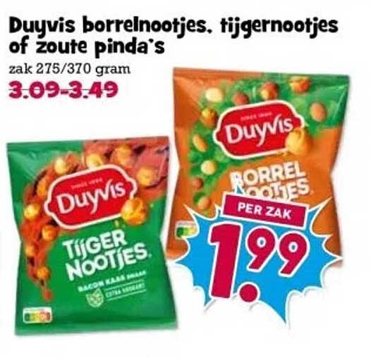 Duyvis borrelnootjes, tijgernootjes of zoute pinda's zak 275/370 gram