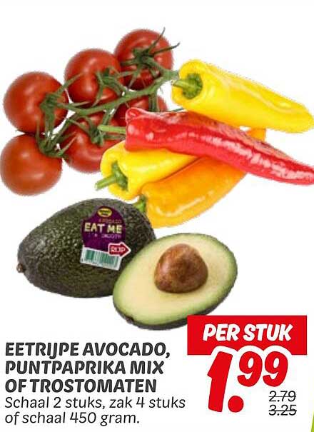 EETRIJPE AVOCADO, PUNTPAPRIKA MIX OF TROSTOMATEN